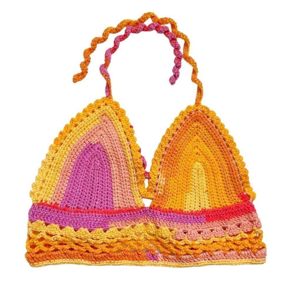 Hand Crafted Crochet Bikini Top Muliti Color  Triangle Crochet Straps Size M